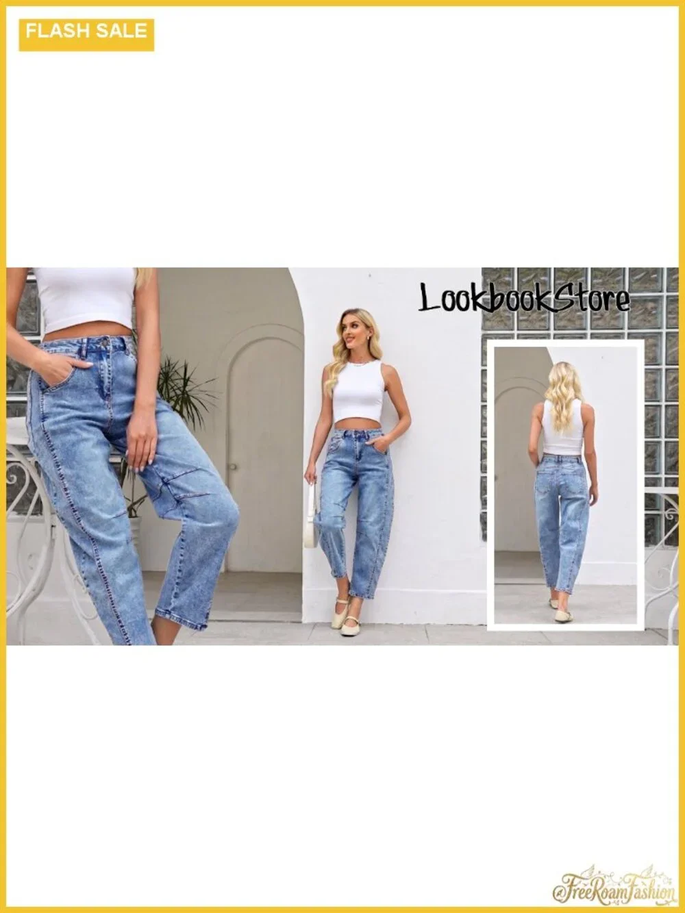 High Waisted Cropped Wide Leg Barrel Jeans Distressed Stretchy Denim